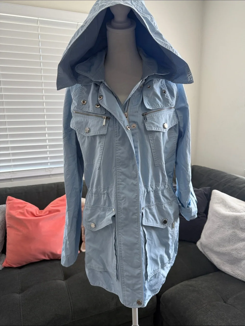 Michael Kors Light Blue Hooded Utility Jacket